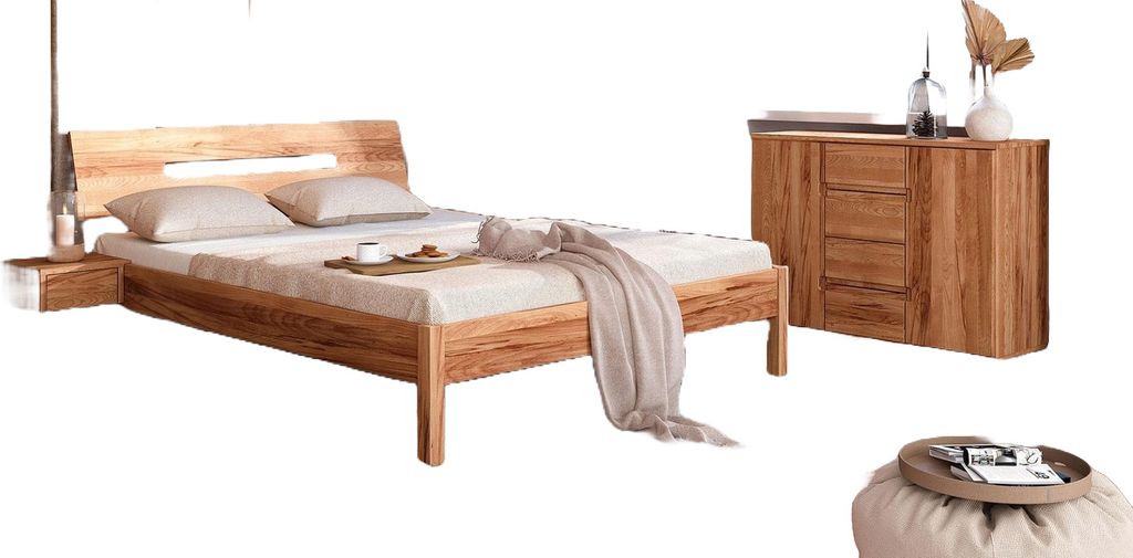 Bett Bento 7 aus Kernbuche massiv 200x200 cm mit Holzkopfteil und Holzbeinen