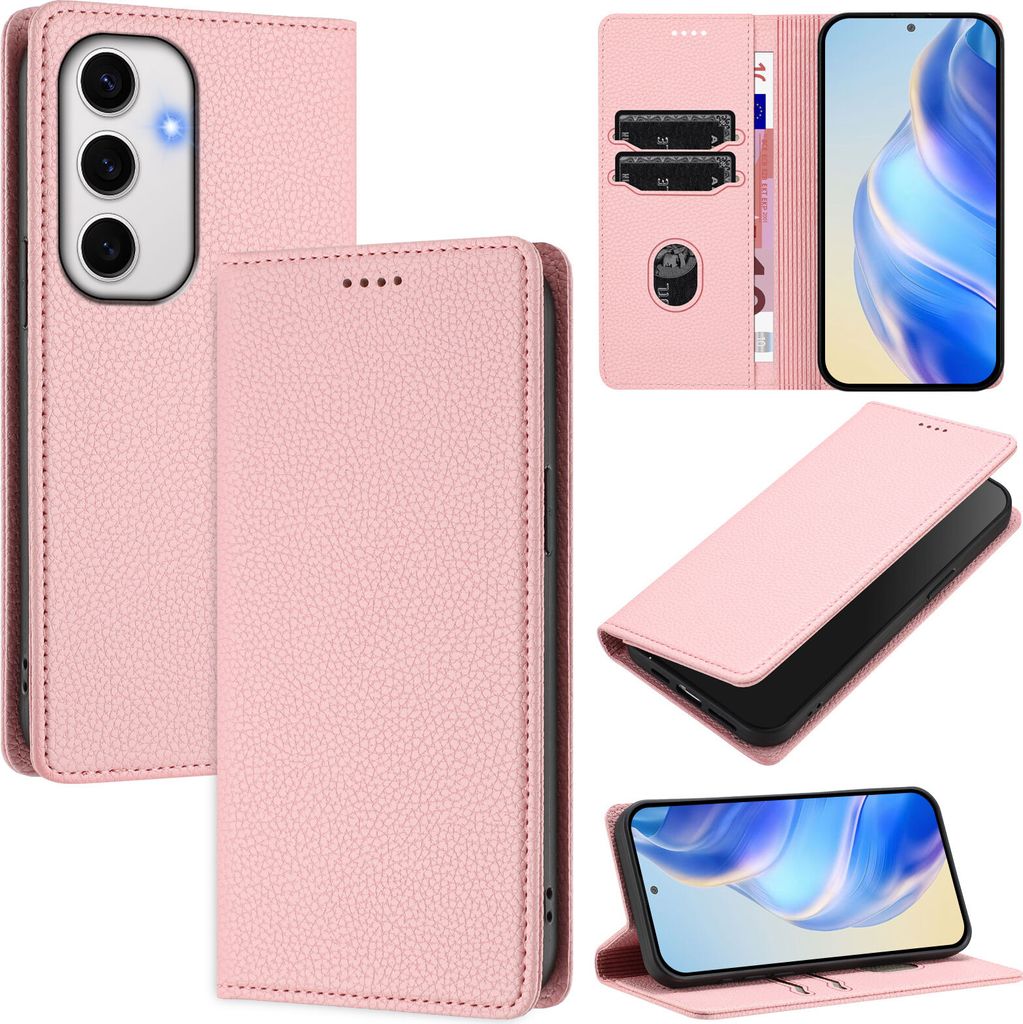 Litchi Leder Handyhülle für Samsung Galaxy S24 FE Wallet Kartenfächer Standfunktion Hülle Pink