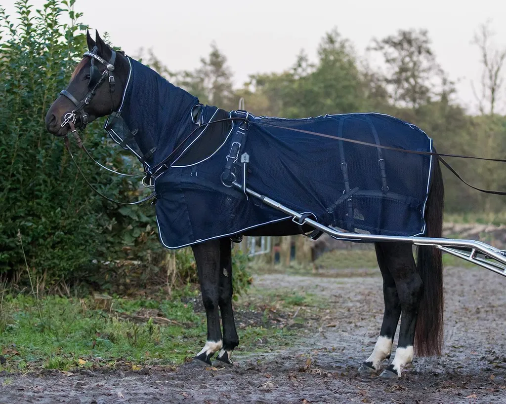 Coperta Antimosche QHP Harness Fly Blu con Collo Staccabile per Cavalli
