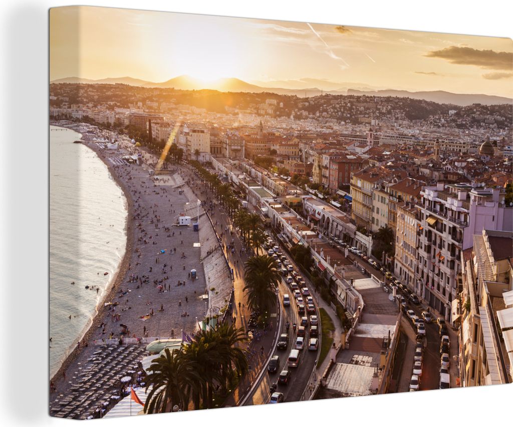 OneMillionCanvasses - Leinwandbilder - 140x90 cm, Sonnenuntergang - Stadt - Nizza, Wandbilder Kunstdruck Wanddekoration - Foto auf Leinwand - Gem...