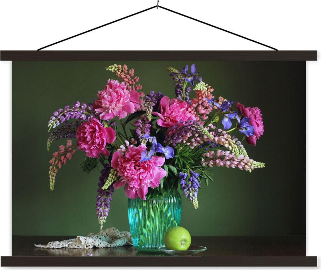 MuchoWow Textilposter Farben - Blumen - Stilleben 90x60 cm mit schwarzem Rahmen - Aufhängungssatz