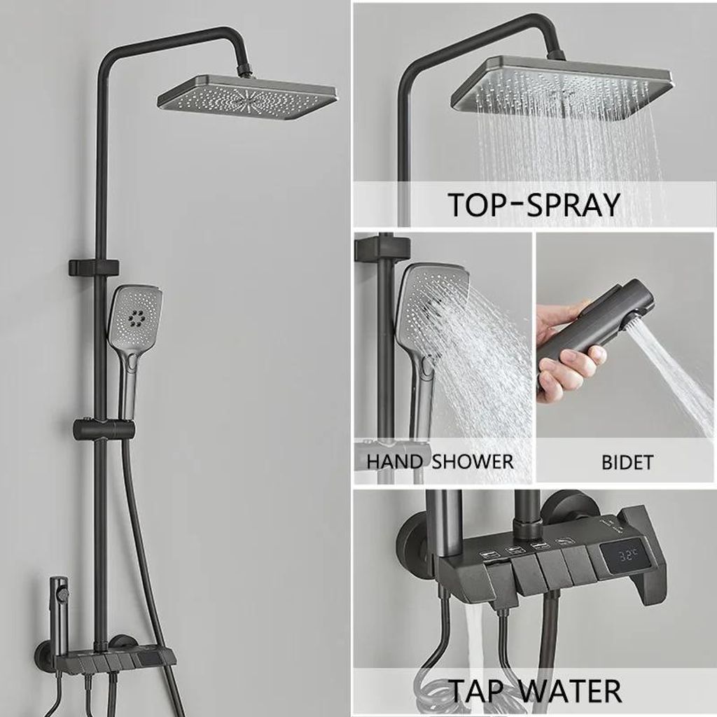 Duschsystem - Regendusche mit Digitalanzeige - Mit Gleitschiene - Einhebelmischer warm/kalt - Edelstahl - Keramikkartusche - Gunmetal-Grau