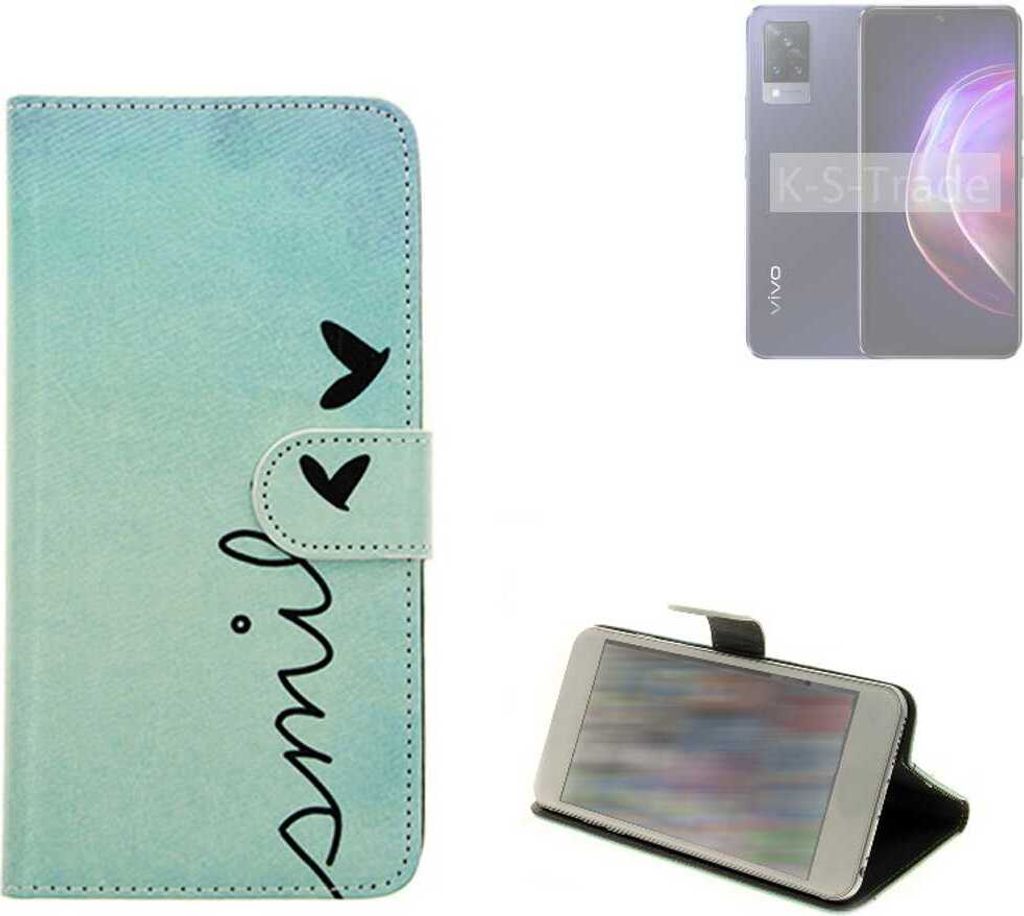 K-S-Trade Schutz Hülle Handy Hülle kompatibel mit Vivo V21 5G Hülle Handyhülle cover bookstyle Etui Handyhülle “smile“ türkis Standfunktion