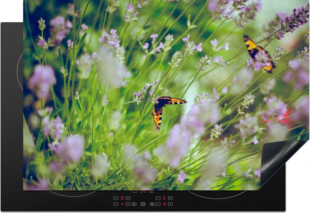 KitchenYeah Herdabdeckplatte Lavendel - Schmetterlinge - Blumen , 77x51cm, Küche Deko, Glaskeramikkochfeld Herdabdeckung, Abdeckplatte fùr Koch...