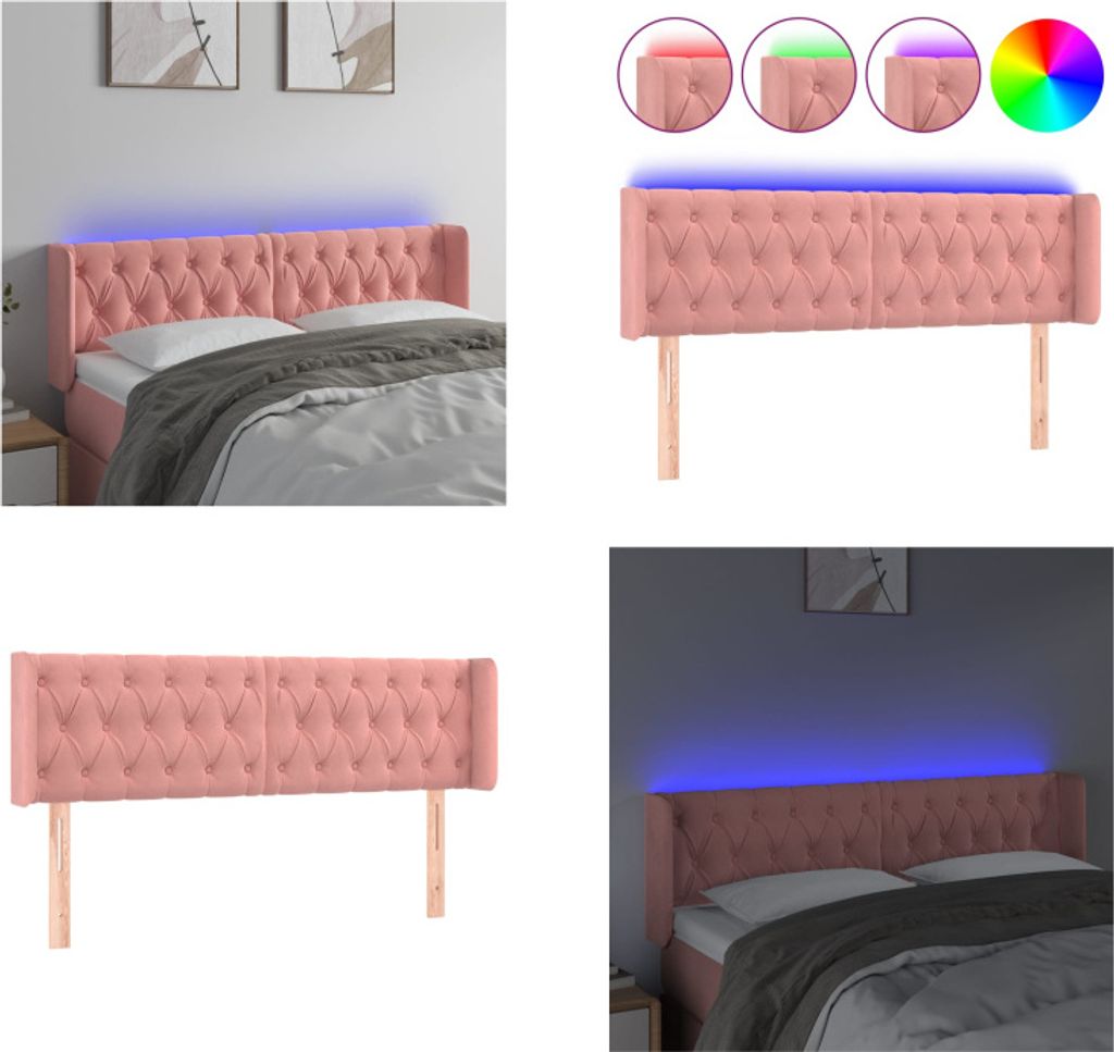vidaXL LED Kopfteil Rosa 163x16x78/88 cm Samt - LED Kopfteil - LED Kopfteile - Kopfteil - Bett-Kopfteil