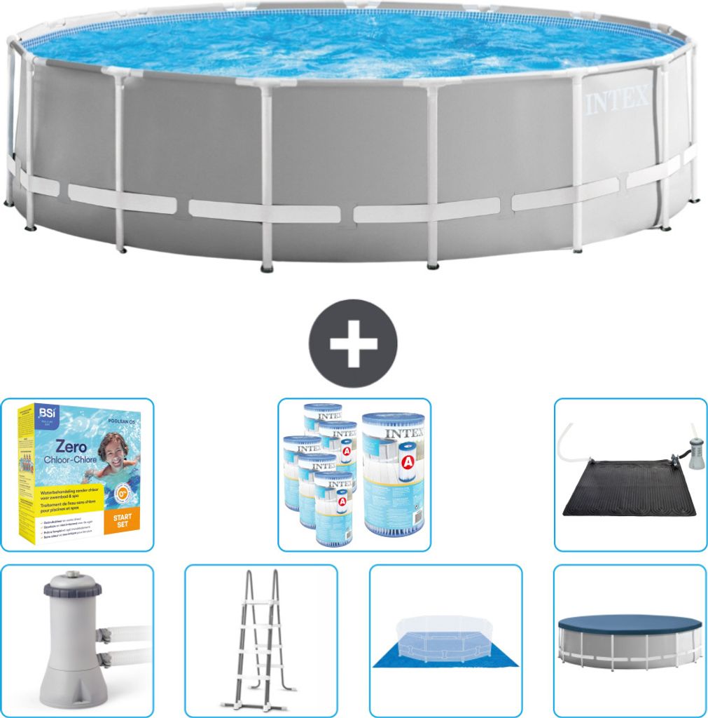 Intex Round Prism Frame Swimming Pool – 457 x 122 cm – Grau – inklusive Pumpe – Leiter – Bodenplane – Abdeckung Wartungspaket - Filter ...