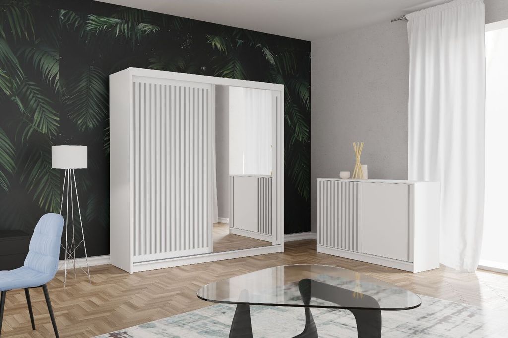 Kleiderschrank + Kommode ROYAL 150 Schrank mit Spiegiel Sideboard Schiebetüren Weiß+ Grau Lamellen