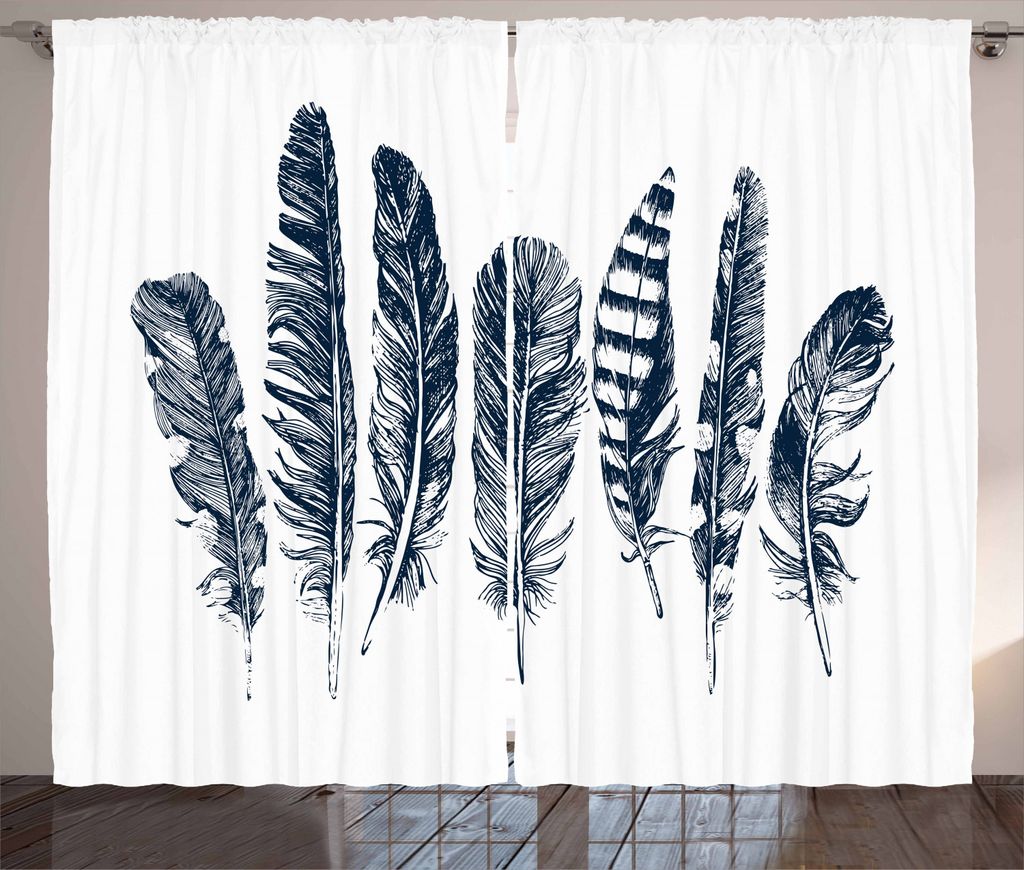 ABAKUHAUS Feder Rustikaler Vorhang, Tribal Skizzenmotive, Wohnzimmer Universalband Gardinen mit Schlaufen und Haken, 280 x 225 cm, Dunkelblau und W...
