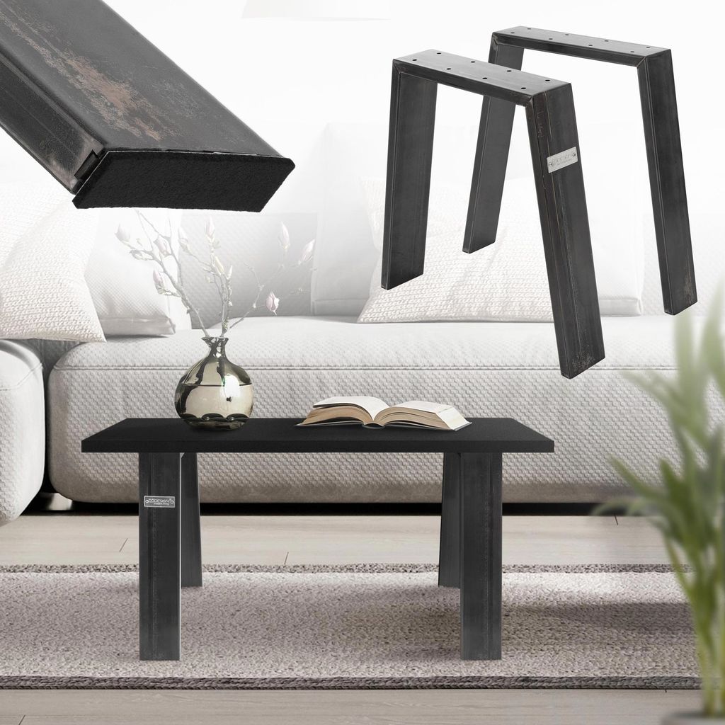 A collage of product images showing table legs and a coffee table in a living room setting.