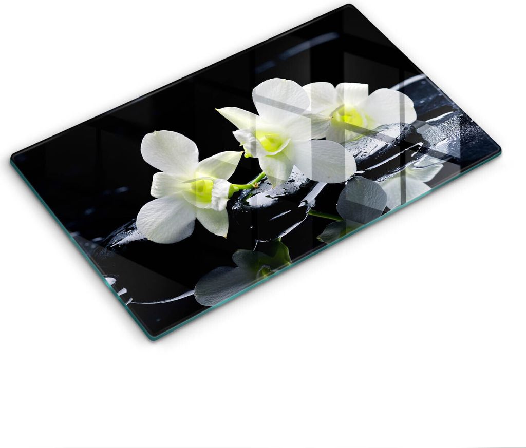 Abdeckung Glas - Küchenabdeckung - 30x52 cm - Abdeckplatte -Weiße Blumen in Zen-Wasser