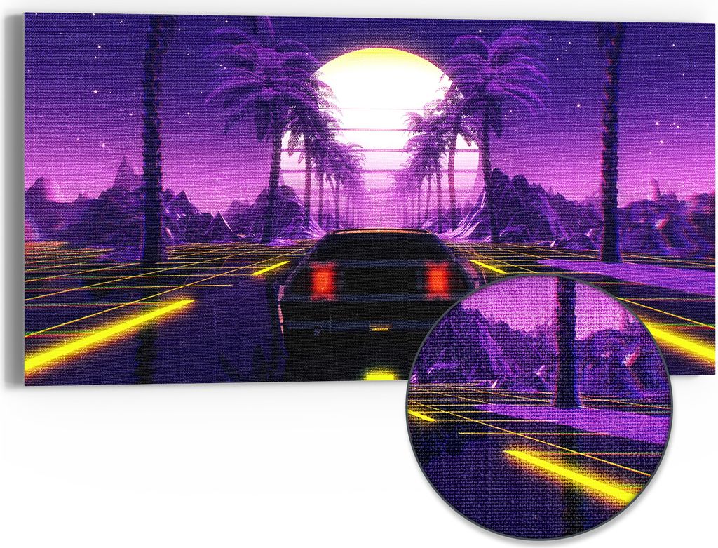 DEQORI Hybrid Leinwand Bild 60x30 cm 'Neon Nostalgie' Wandbild Glas flach modern
