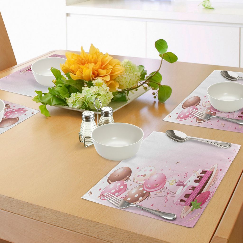 ABAKUHAUS Geburtstag Platzmatten, Erdbeere-Rosa-Scheibe der Kuchen-Kerze punktierte Ballone und Konfetti-Feier, Tiscjdeco aus Farbfesten Stoff für...