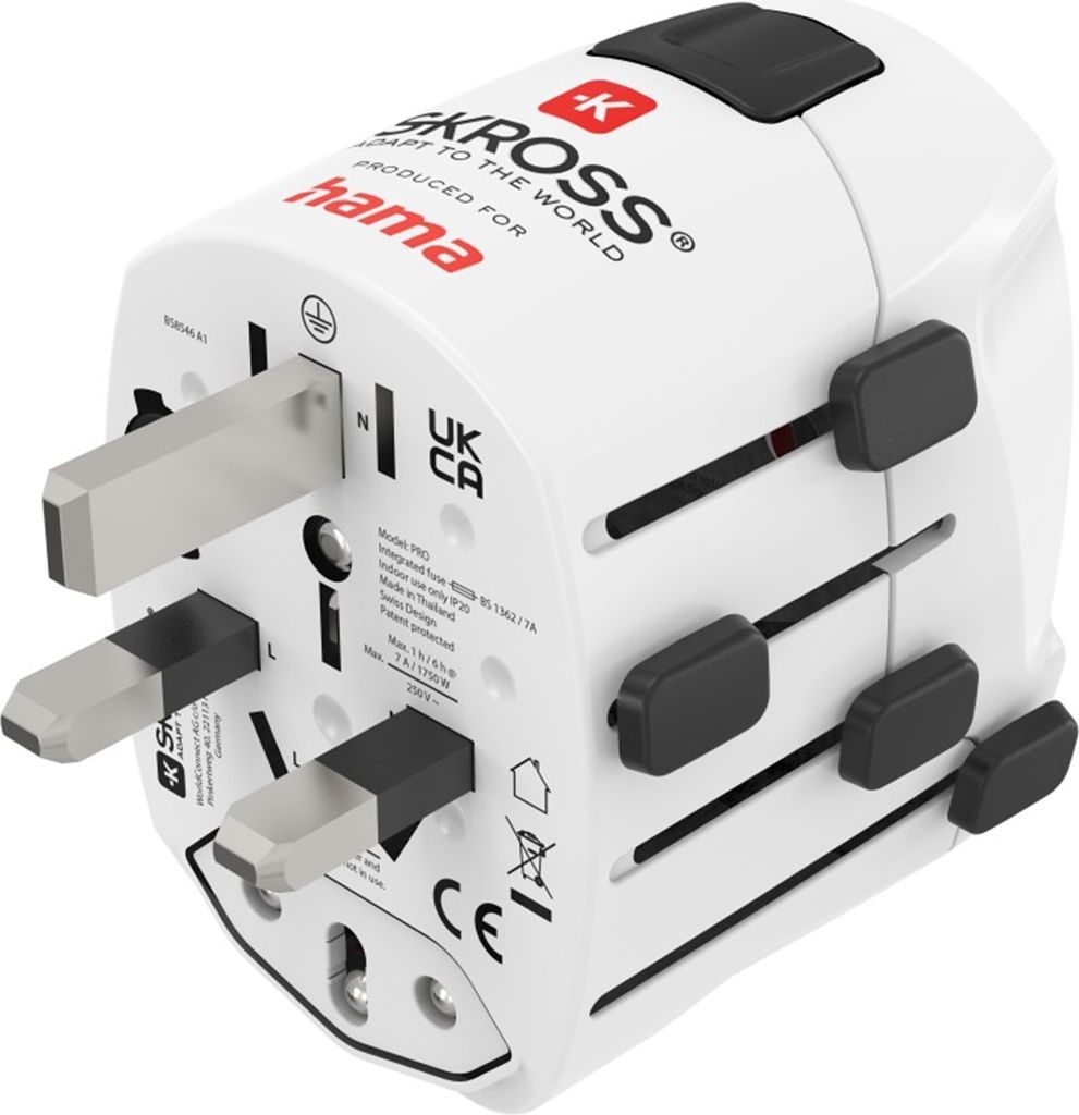 A white universal travel adapter with multiple plug types extended.