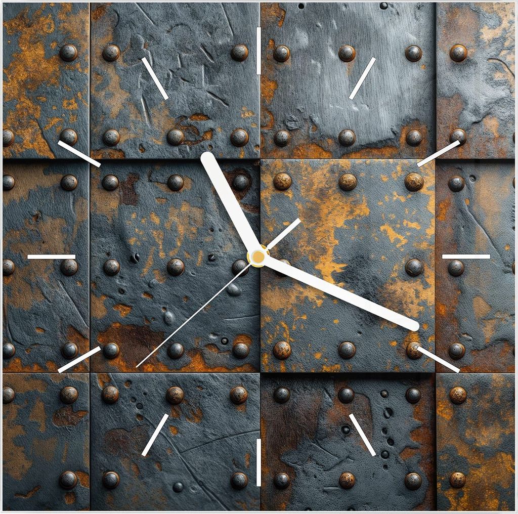 Wanduhr aus Glas mit Motiv Eisenplatten Vintage- 30 x 30 cm - inkl. Aufhängesystem