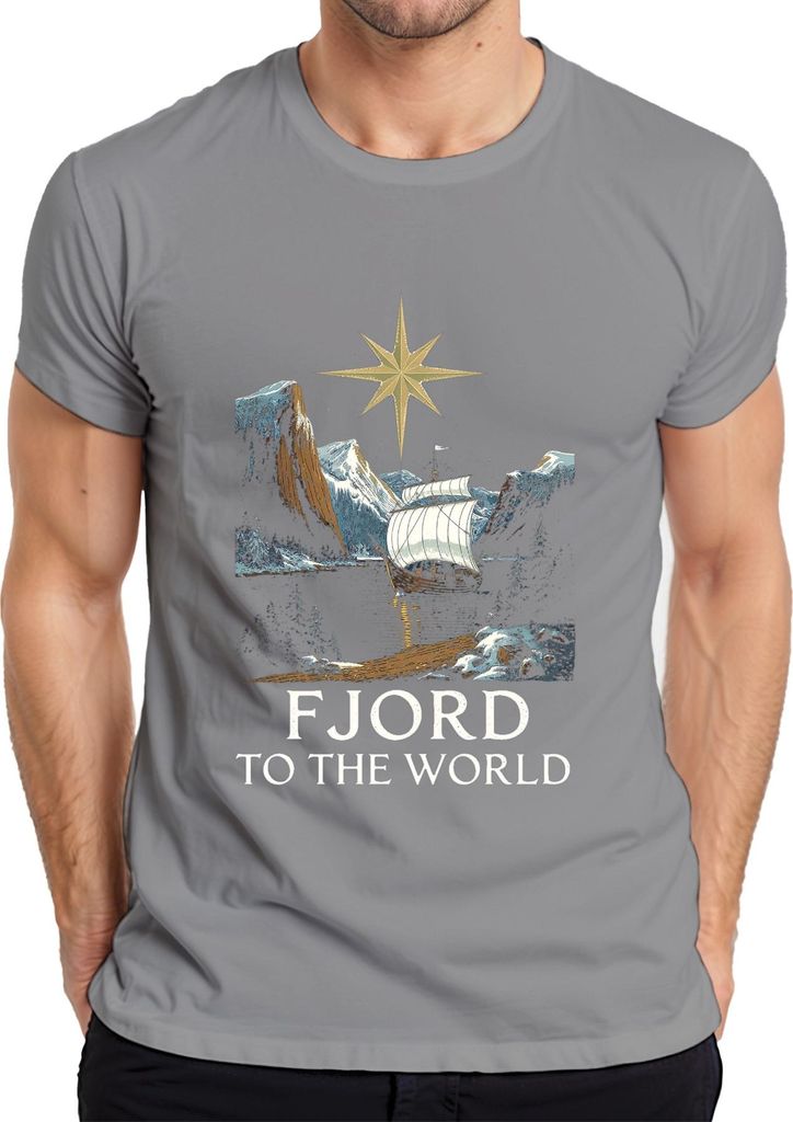 FJORD TO THE WORLD Wikingerschiff Segelschiff Nordisch Stern Herren T-Shirt, Grau, XL