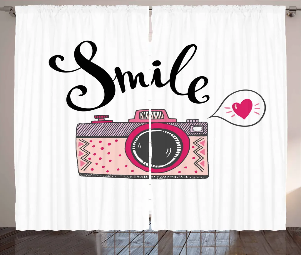 ABAKUHAUS Tenda rustica, tipografia sorridente romantica, tende universali per soggiorno con passanti e ganci, 280 x 175 cm, rosa, nero, bianco