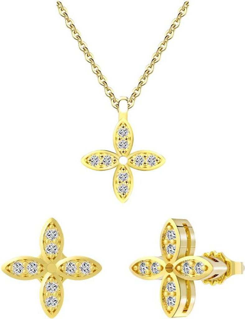 Suzan Gold Vergoldetes Schmuckset Silber 925 Damen | Zarte Halskette mit Zirkonia-Kleeblatt Anhänger & passende Ohrstecker | Stilvolles Schmuckd...