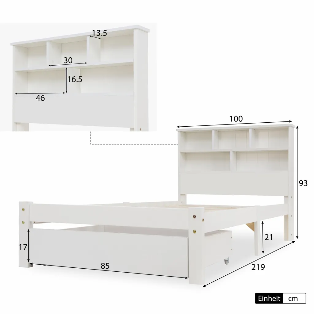 Lit simple 90x200 cm blanc avec étagères de tête de lit multifonctions