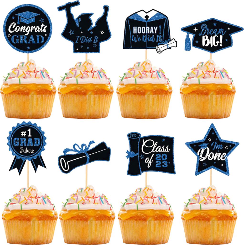 1 Set Cupcake-Topper mit Bambusstäben, Glitzerhut, Diplom-Tal, Stern 2023, Abschlussfeier, Kuchendekoration, Pick Cake Supplies, Blau