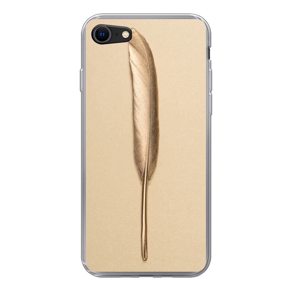 MuchoWow Handyhülle Schutzhülle Hülle für iPhone SE 2022 Gold bemalte Feder auf einem goldenen Hintergrund Silikon Softcase Handy Hülle - Sc...