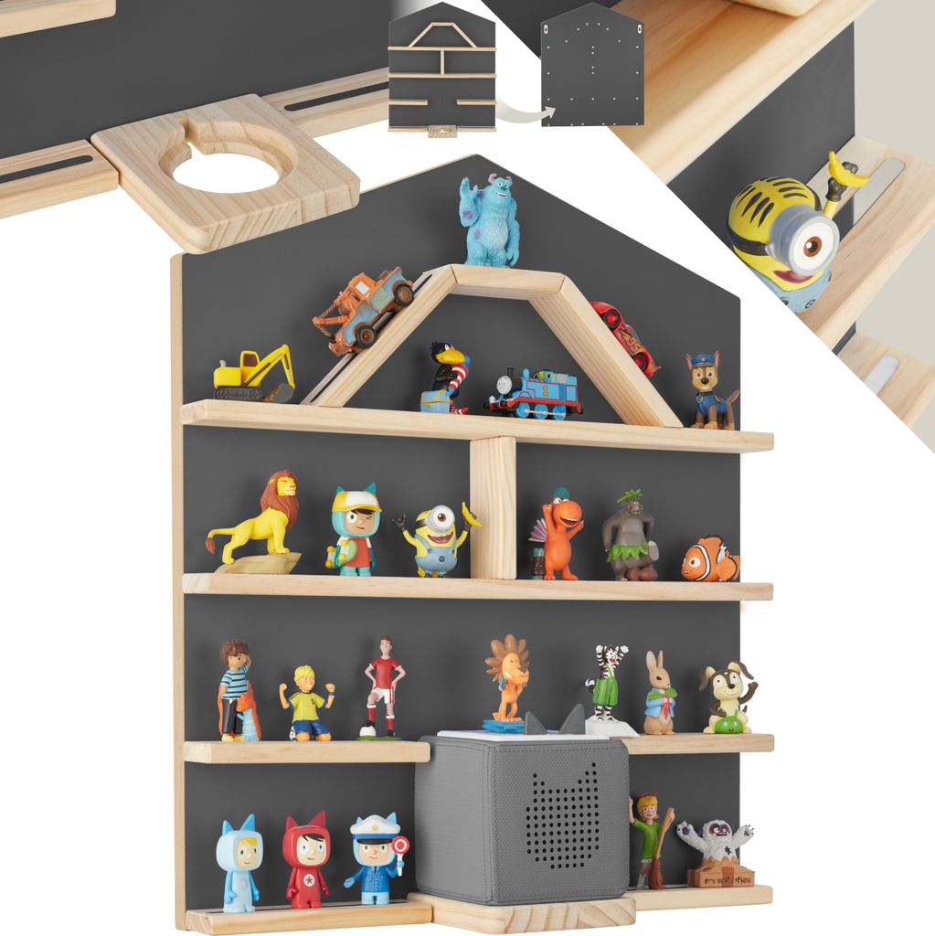 A wall shelf filled with various small toys and figurines.