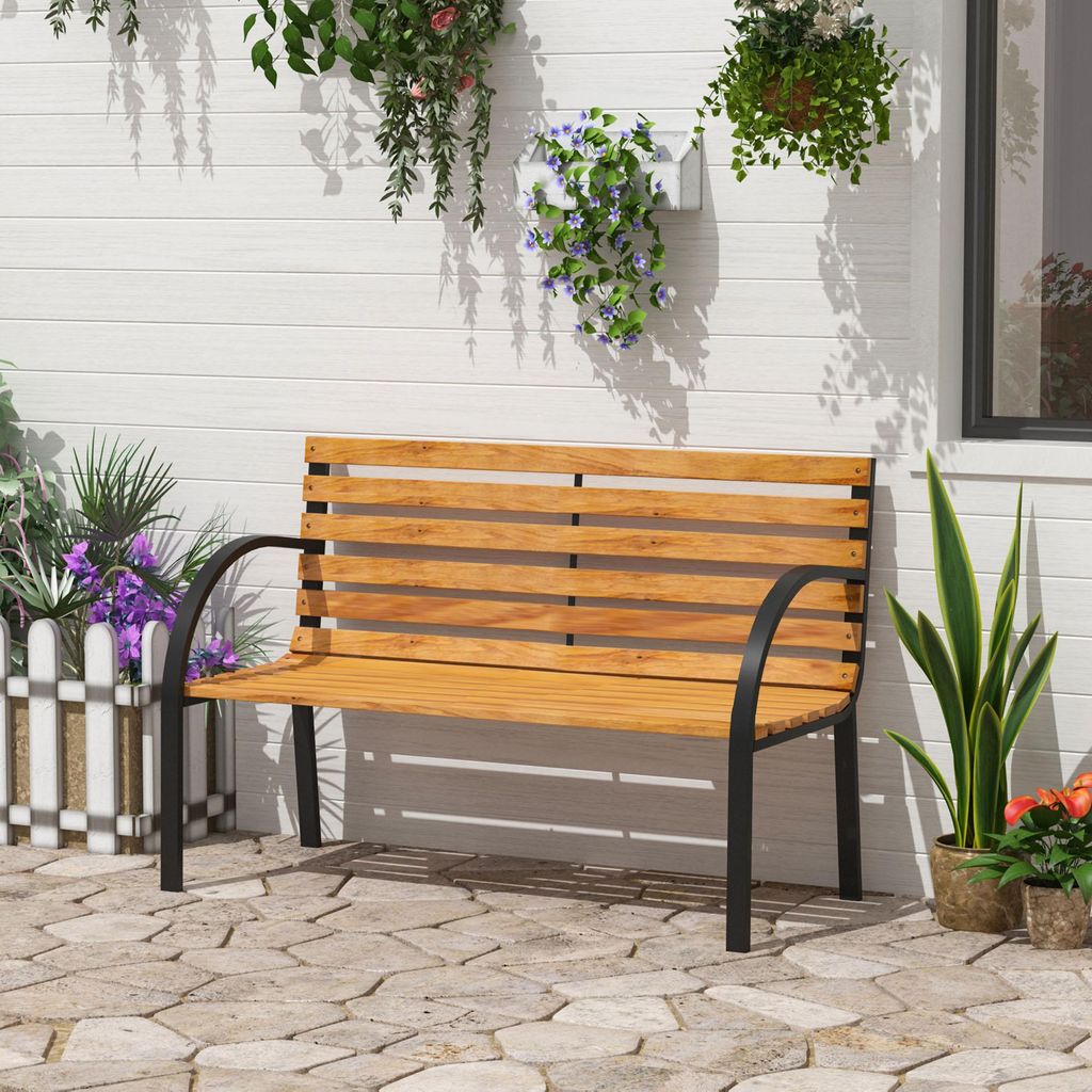 Gartenbank Kiefernholz 2-Sitzer, Stahl-Holz-Kombination Parkbank, Sitzbank Naturholz wetterfest, Natur | 122 x 60 x 83 cm | 9,4 kg