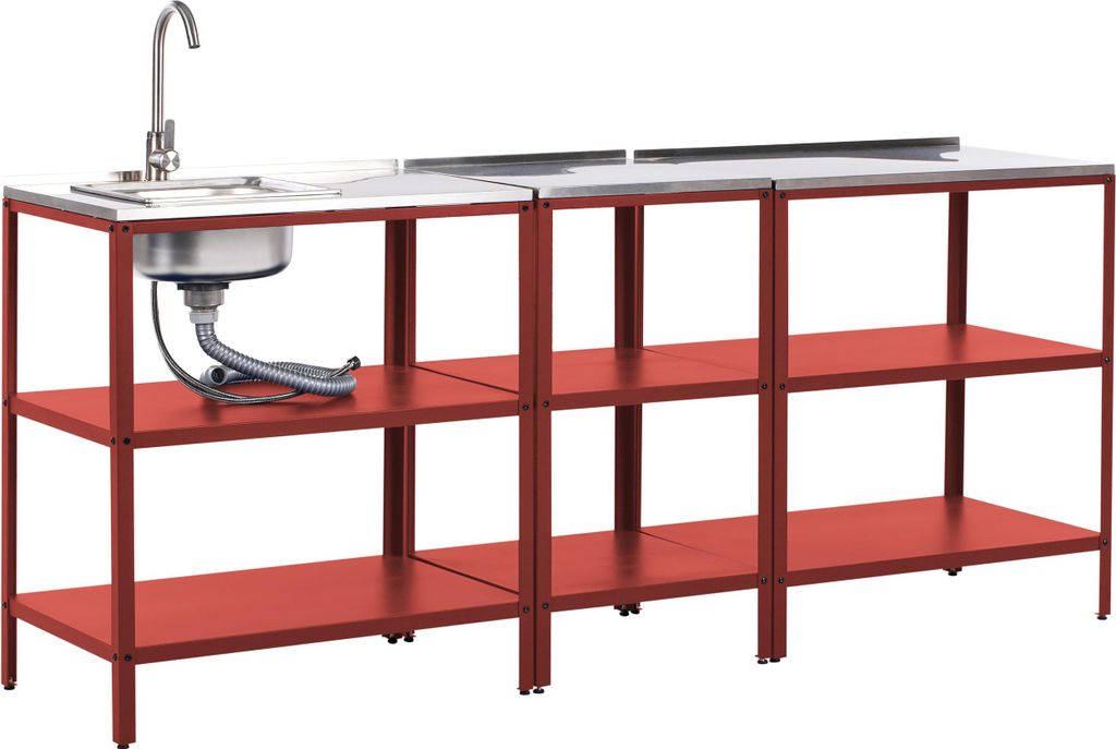 BELIANI Outdoor-Kücheninsel Rot Stahl 3er Set mit Spüle Edelstahlplatte Modern für Garten Draußen Ausstattung Outdoor-Küchenmöbel Gartenküche