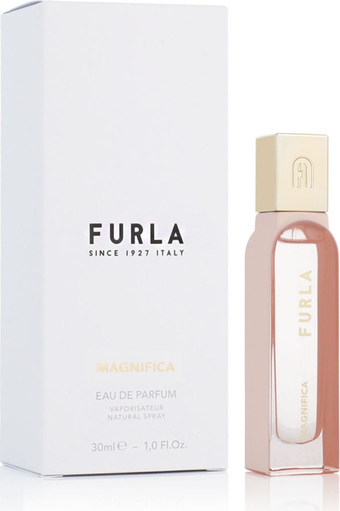 A bottle of Furla Magnifica Eau de Parfum and its packaging are displayed against a white background.