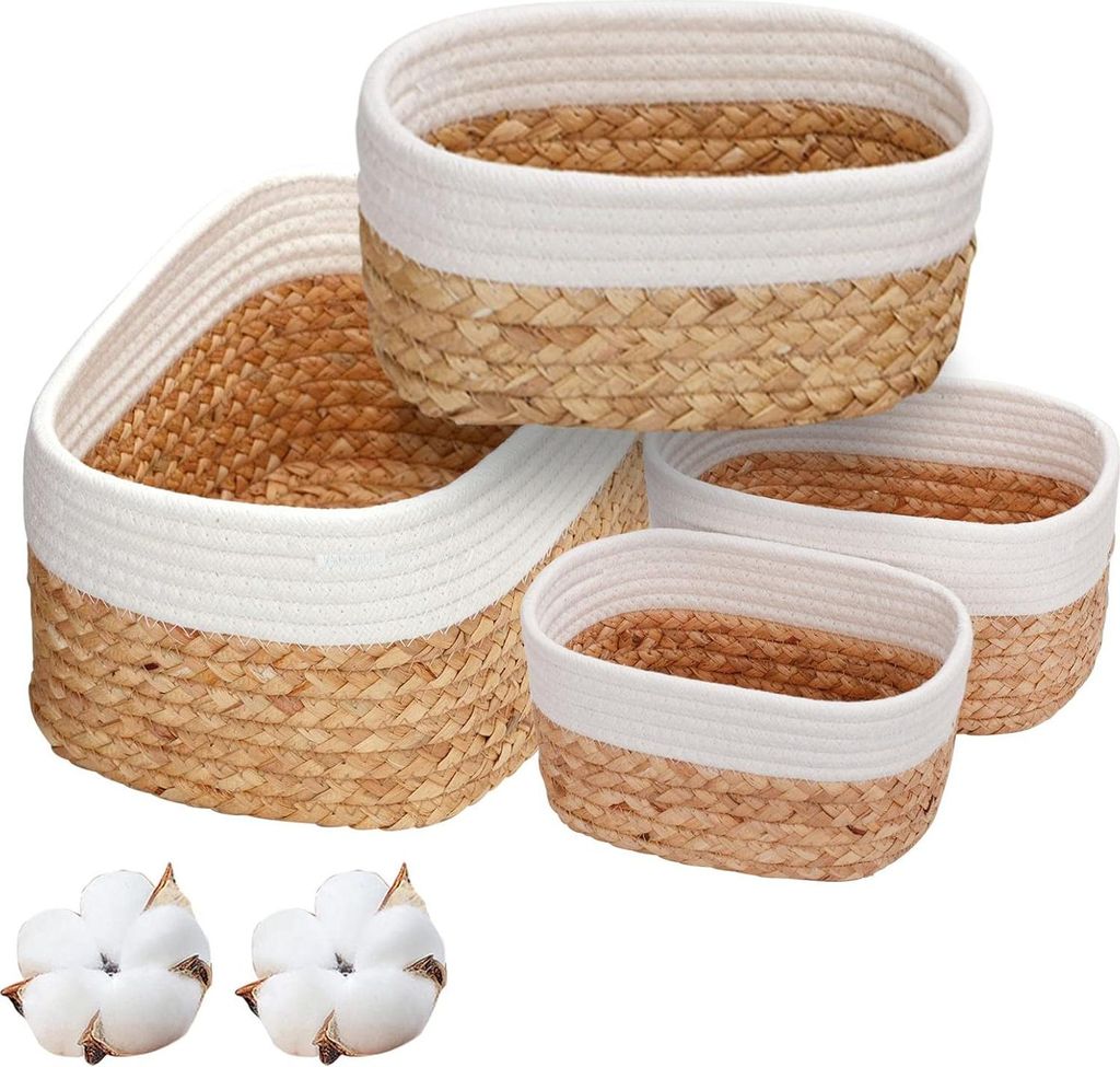 4-teilige geflochten Aufbewahrungskorb-Set aus Wasserhyazinthe und Baumwolle - Badezimmer Aufbewahrung und Organizer für Küche, Badezimmer oder S...