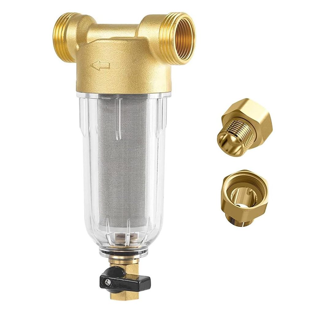 A water filter with brass fittings and a clear plastic housing, shown against a white background. It includes a mesh filter element and a drain valve. Two additional brass fittings are shown separately to the right.