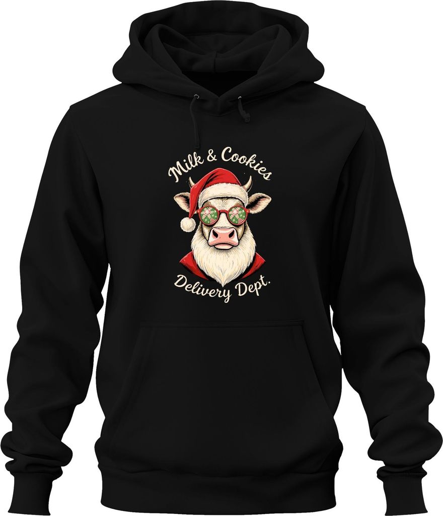Milk & Cookies Delivery Dept Weihnachtskuh Brille Lustig Uni Hoodie Kapuzenpullover, Schwarz, M