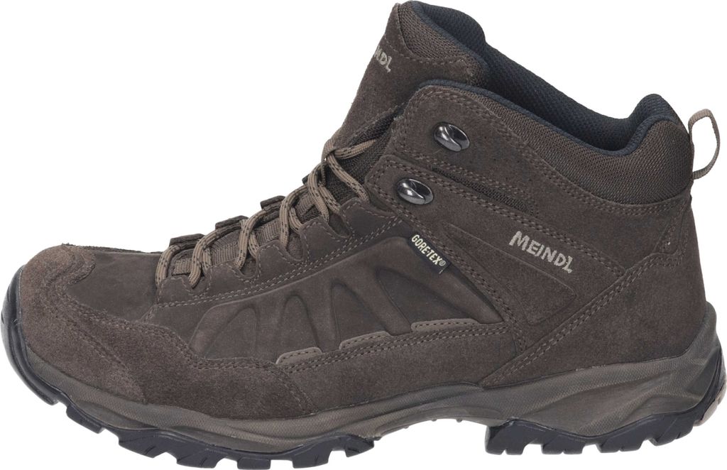 A side view of a brown hiking boot.