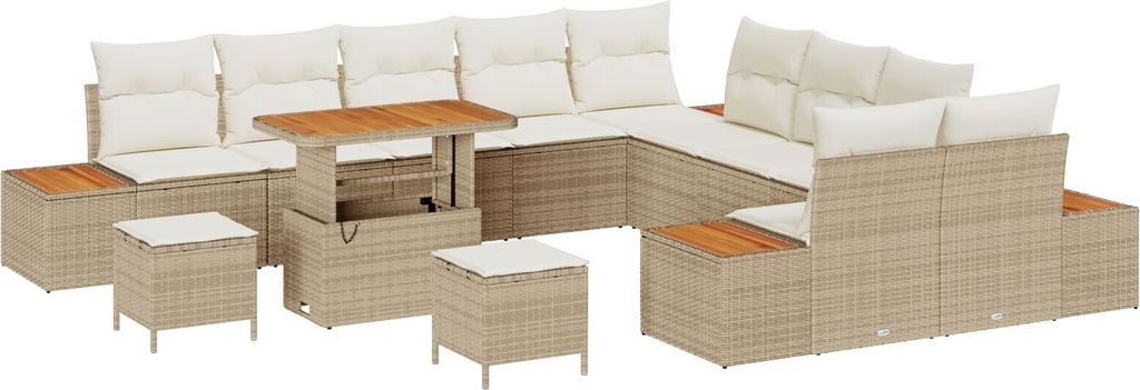 Möbel-Stil 13-teiliges Garten Sofa Set mit Kissen Beige Poly Rattan Akazie, 3-teiliges Garten Essset mit Kissen Beige Poly Rattan Akazie - Gartens...
