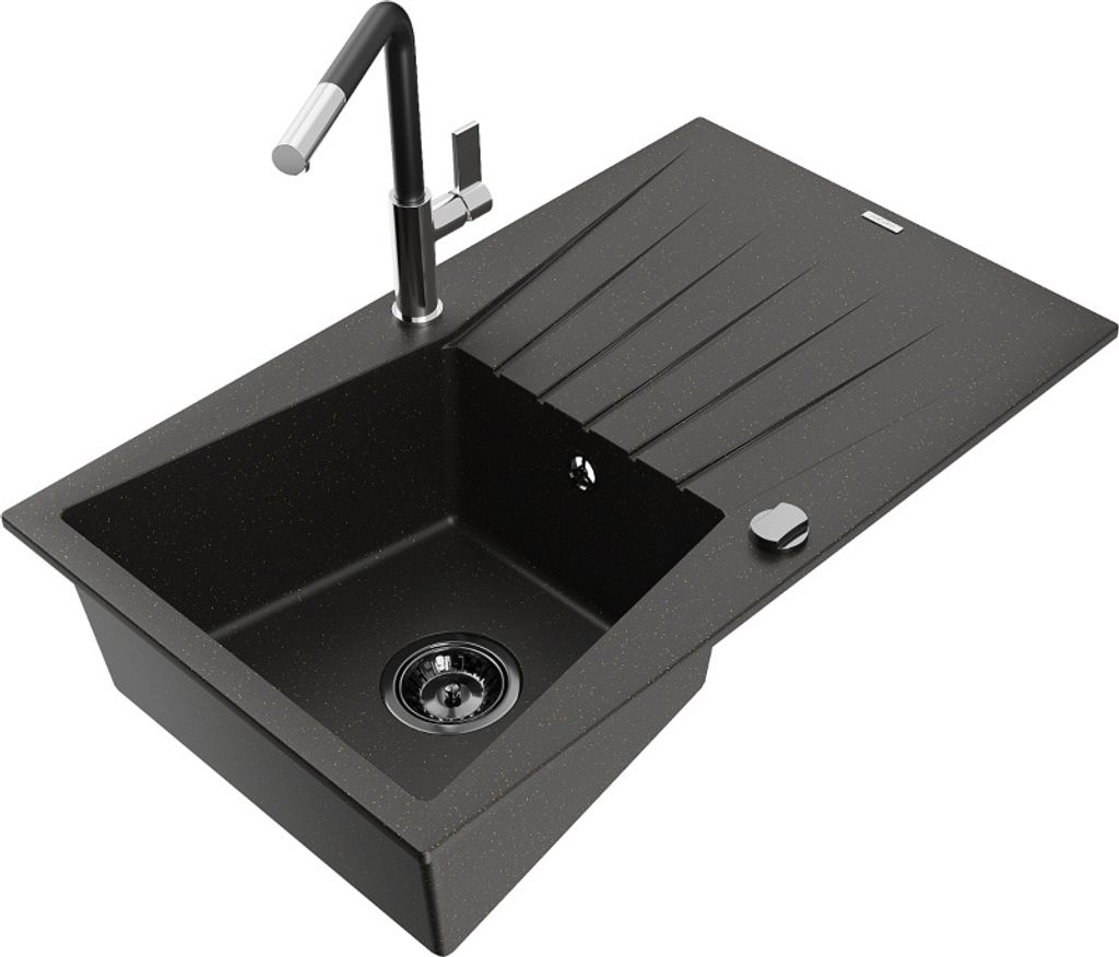 Mexen Cesar 1 Becken-Granitspüle mit Abtropffläche und Mischbatterie Flora, Schwarz/Gold metallisch - 6514-75-670401-07-B