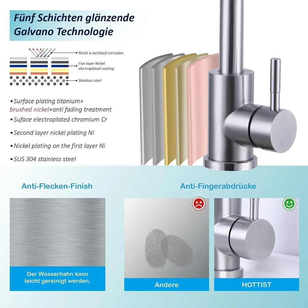 Rubinetto Cucina Acciaio Inox 304 Spazzolato Doccetta Professionale - 8