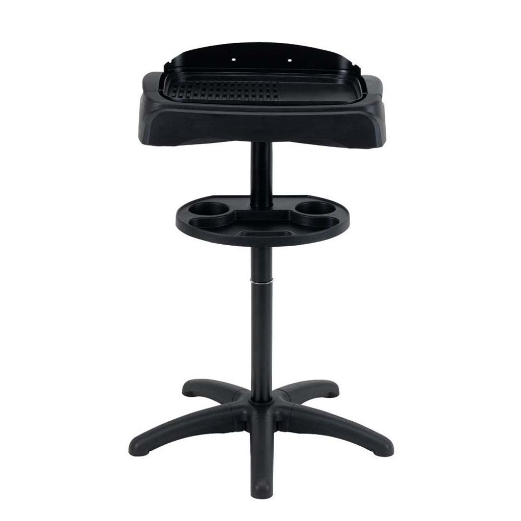 A black electric grill stand with a tray and cup holders, shown against a white background.
