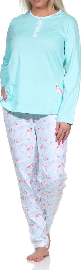 Eleganter Damen Schlafanzug langarm Pyjama mit Flamingo Motiv und Knopfleiste am Hals ; helltürkis , 36