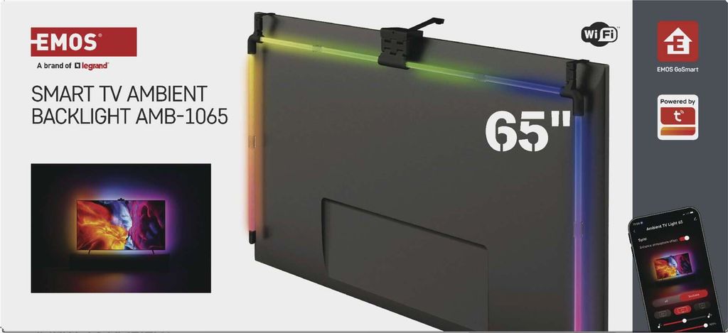 EMOS Smarte TV Hintergrundbeleuchtung für 65“ TV (164 cm), abnehmbare RGBIC LED Light Tubes, mit Kamera, WiFi, App- und Sprachsteuerung, ZTV65