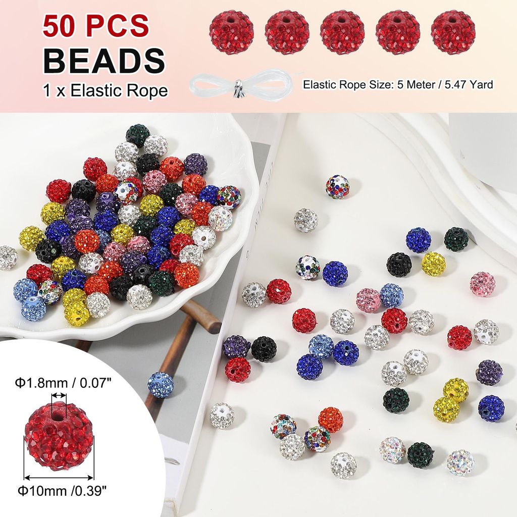 50 Stš¹ck Strassperlen Gro?e Perlen zum Auff?deln, 10mm Gl?nzende Runde Disco Ball Clay Perlen Loch Glitzerperlen fš¹r Armb?nder Halskette DIY ...