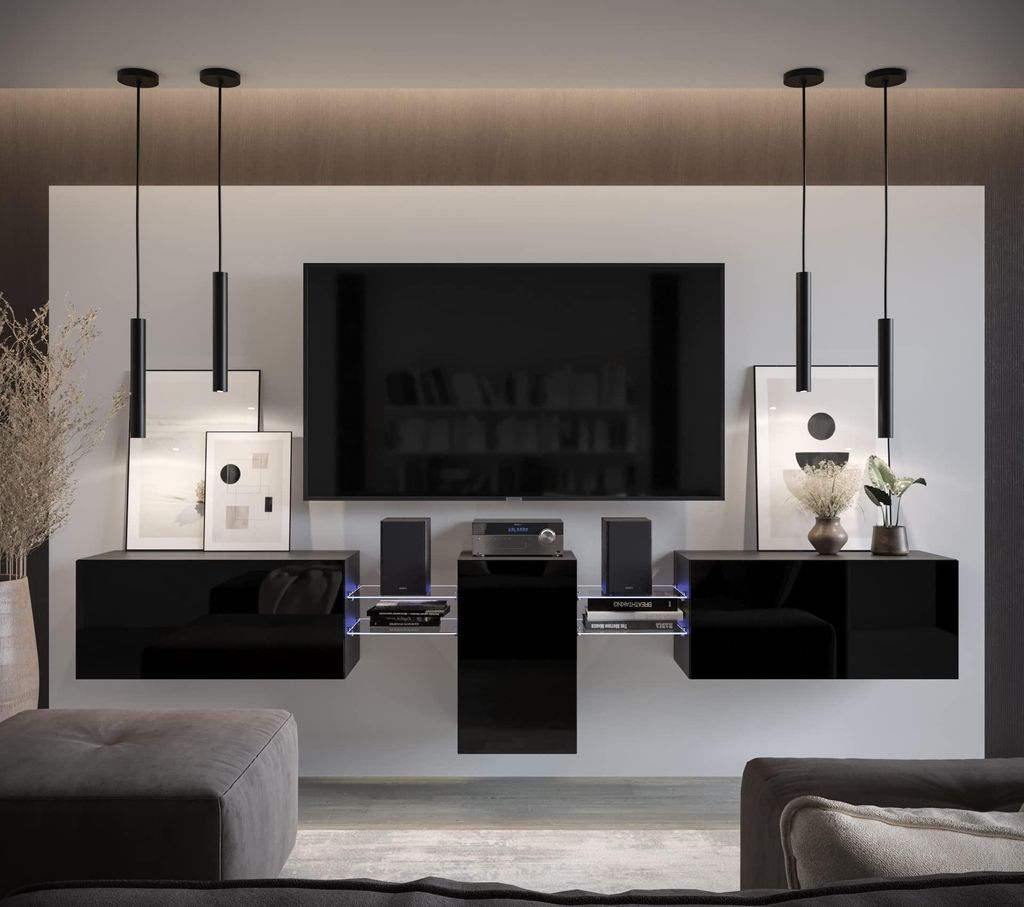 Furnitech Wohnwand Wohnzimmer - Hängend Wohnwand Modern - Regale und TV Schrank - Wohnzimmer Möbel ohne LED (AN98-21B-HG1-1C)