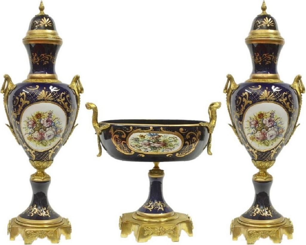 Casa Padrino Barock Keramik Vasen Set mit Schale Dunkelblau / Mehrfarbig / Gold - Deko Accessoires im Barockstil - Edel & Prunkvoll