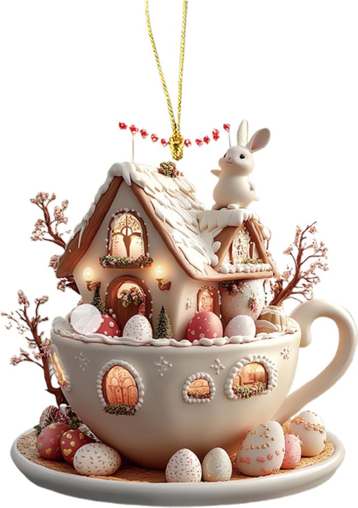 1 Stück Ostern Kaffeetasse Haus Ornamente Schokoladenbecher Hasenhaus Anhänger 2D Acryl Heiße Kakaotasse Frühling Ornament für Urlaub Wohnkultur