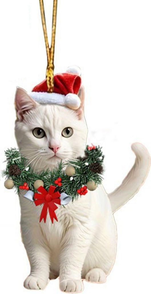 Weihnachtsanhänger, 2D-Acrylkatze mit Weihnachtskranz, Autoanhänger, Dekoration für Zuhause, Büro, Partys