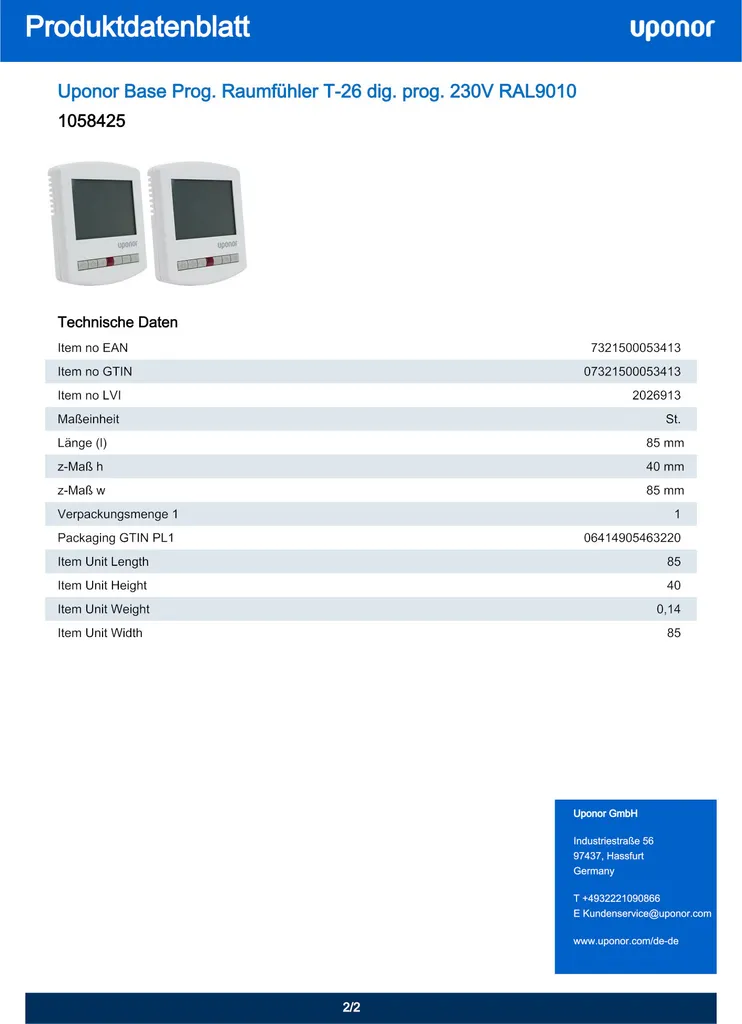 UPONOR Base Prog., sensore ambiente, T-26, programmatore digitale, 230 V, RAL9010, 1 pz. - 4