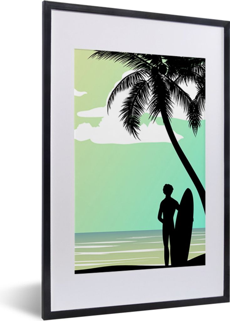 MuchoWow MuchoWow Gerahmtes Poster Meer - Surfbrett - Palme 40x60 cm - Poster mit zchwarzem Bilderrahmen - Poster in Rahmen
