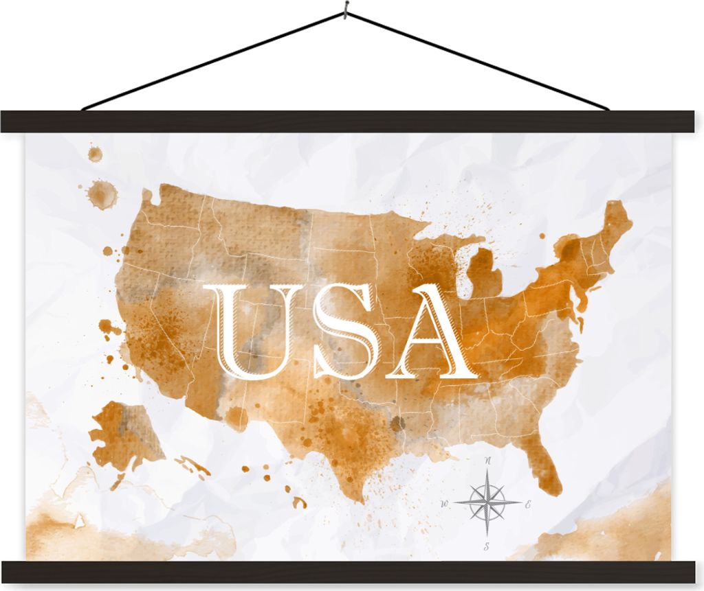 MuchoWow Textilposter Karte - Amerika - Gold 150x100 cm mit schwarzem Rahmen - Schlafzimmer