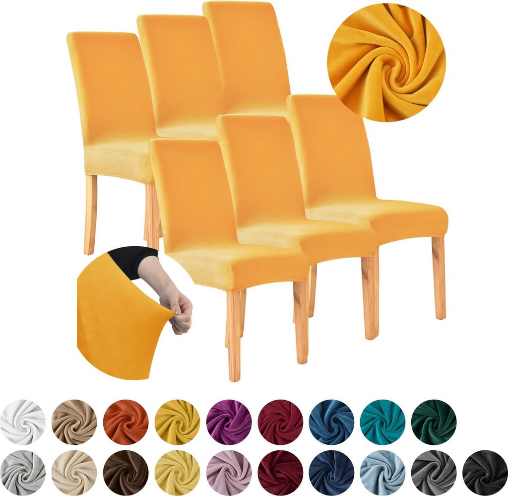MEBLE ODNOWA, Stuhlhusse, Stuhlbezug, Standardgröße, Samt, Honiggelb, 6er Set, Velours, elastisch, Stuhlbezüge, Stuhlhussen, maschinenwaschbar