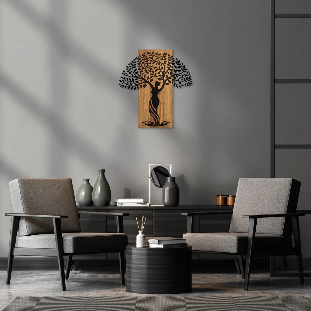 Wallity, Donna- SKL2410, colore noce,Nero, Altre decorazioni per la casa, 54 x 58 cm, 50% legno (spessore: 3 cm) / 50% metallo