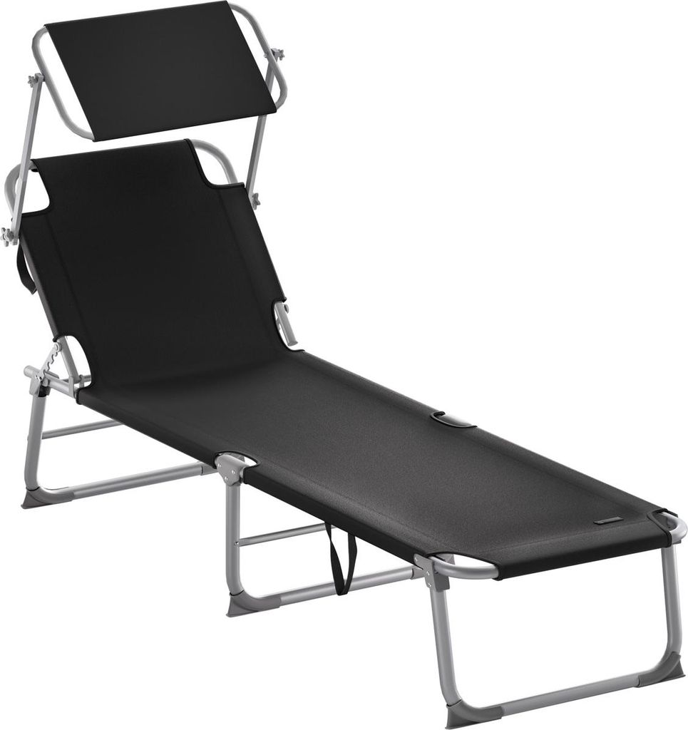 A black foldable sun lounger with a canopy, shown against a white background.