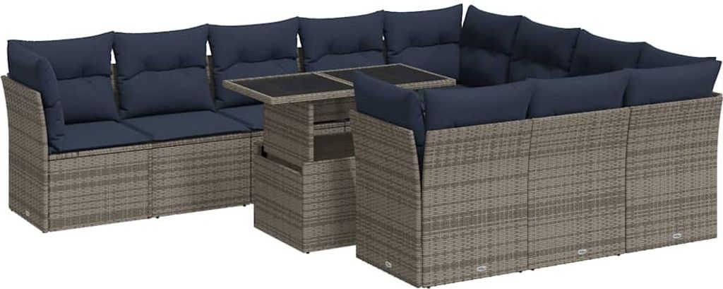 vidaXL 11-tlg. Garten-Sofagarnitur mit Kissen Grau Poly Rattan Akazie